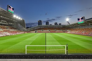 View of the Gtech Community Stadium from behind the goal